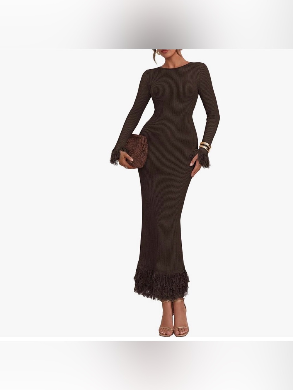 PrettyGarden Long Sleeve Brown Feather-Hem Maxi Dress NEW LARGE